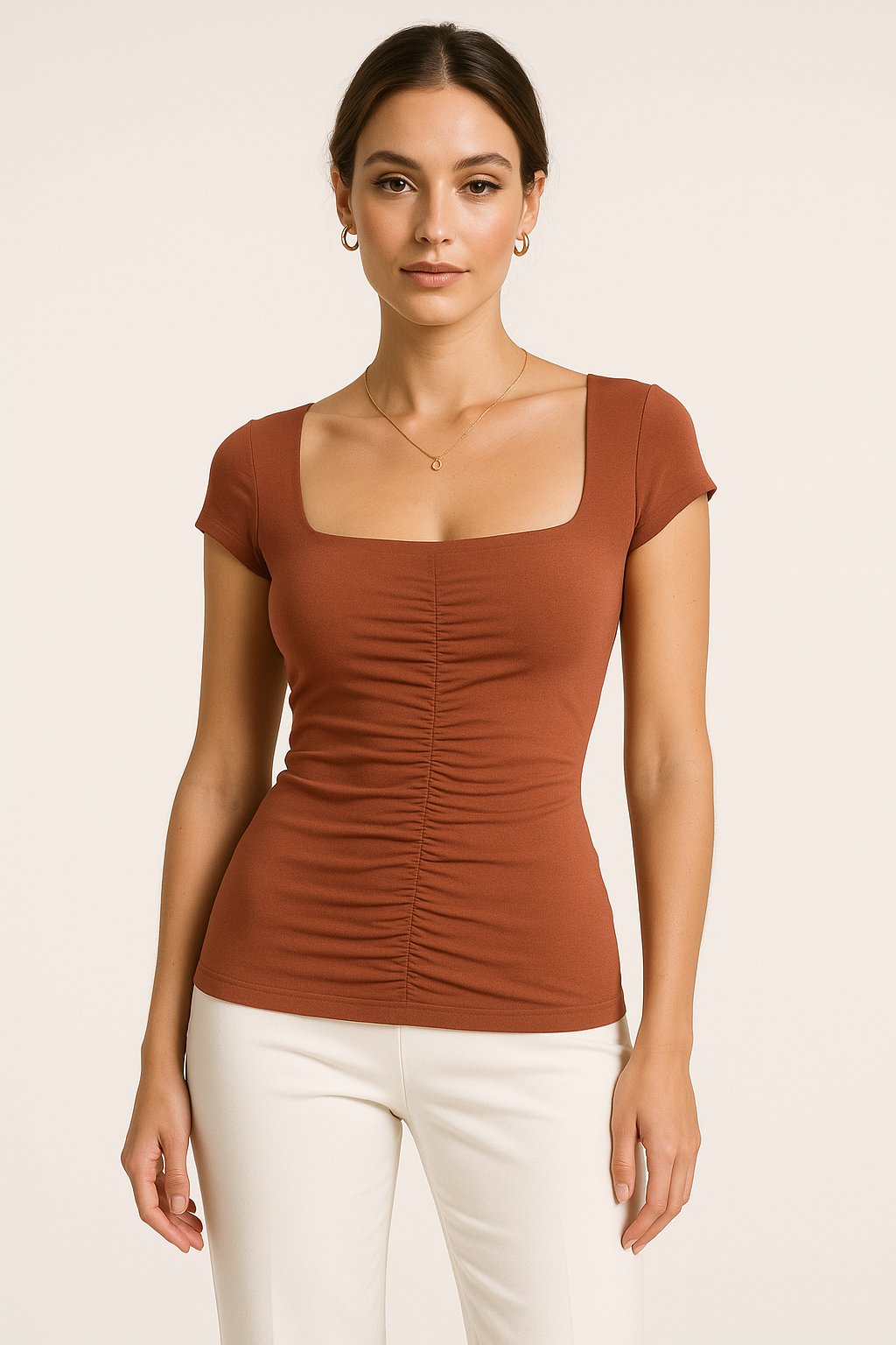 Front view of the clay Ruched Tee with cap sleeves